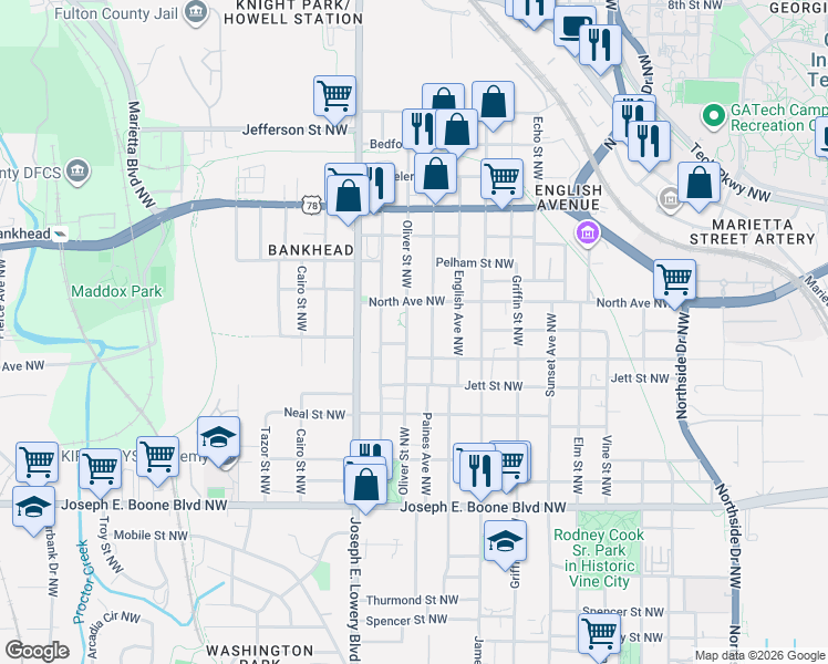 map of restaurants, bars, coffee shops, grocery stores, and more near 551 Oliver Street Northwest in Atlanta