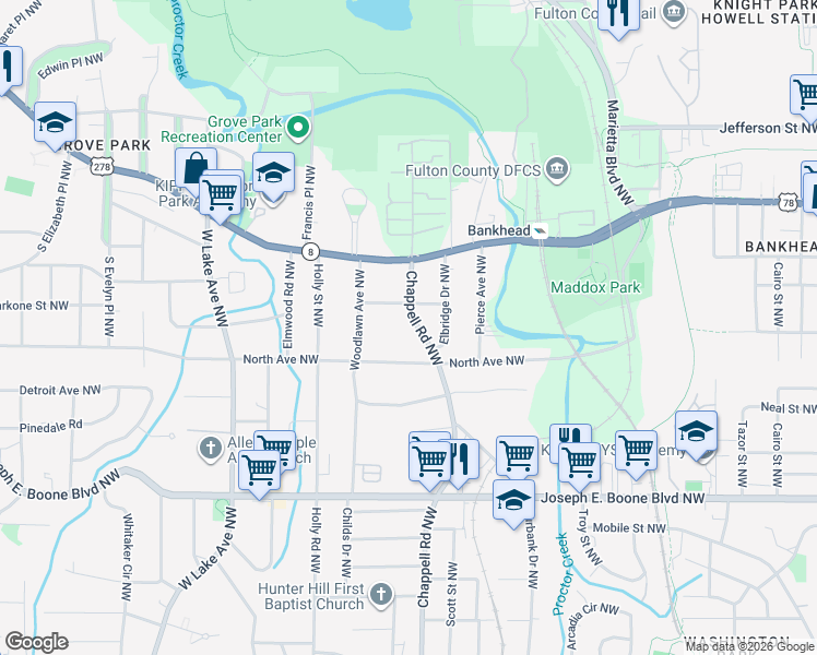 map of restaurants, bars, coffee shops, grocery stores, and more near 523 Chappell Road Northwest in Atlanta