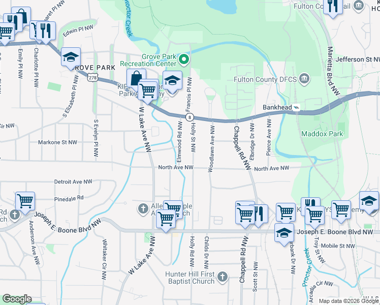 map of restaurants, bars, coffee shops, grocery stores, and more near 528 Holly Street Northwest in Atlanta