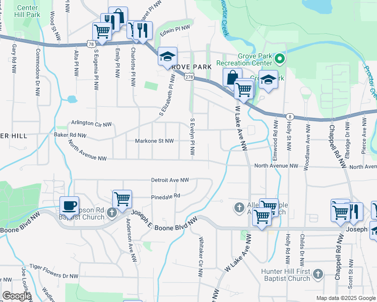 map of restaurants, bars, coffee shops, grocery stores, and more near 519 South Evelyn Place Northwest in Atlanta