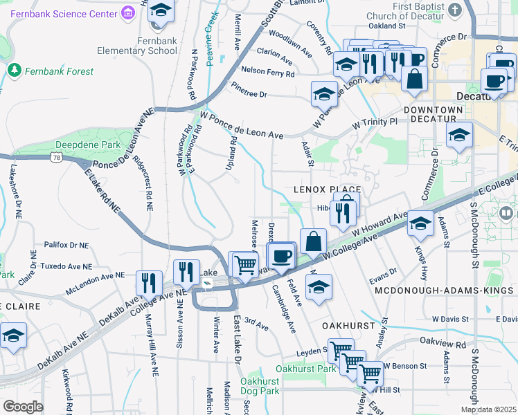 map of restaurants, bars, coffee shops, grocery stores, and more near 315 Melrose Avenue in Decatur