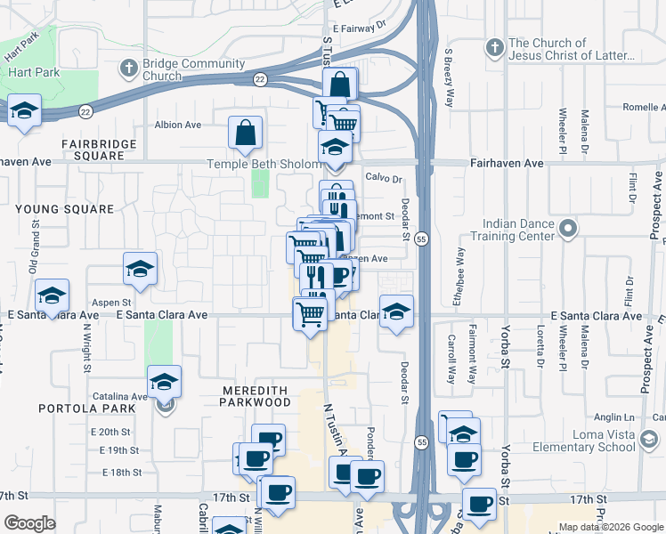 map of restaurants, bars, coffee shops, grocery stores, and more near 2407 North Tustin Avenue in Santa Ana
