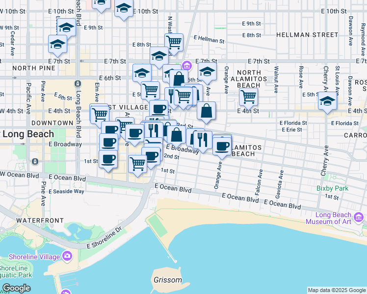map of restaurants, bars, coffee shops, grocery stores, and more near 241 Bonito Avenue in Long Beach