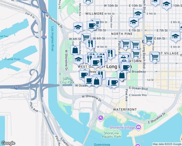 map of restaurants, bars, coffee shops, grocery stores, and more near 500 West Broadway in Long Beach