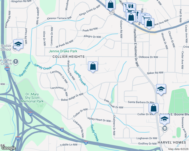 map of restaurants, bars, coffee shops, grocery stores, and more near 2838 Engle Road Northwest in Atlanta