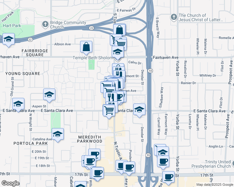 map of restaurants, bars, coffee shops, grocery stores, and more near 2407 North Tustin Avenue in Santa Ana