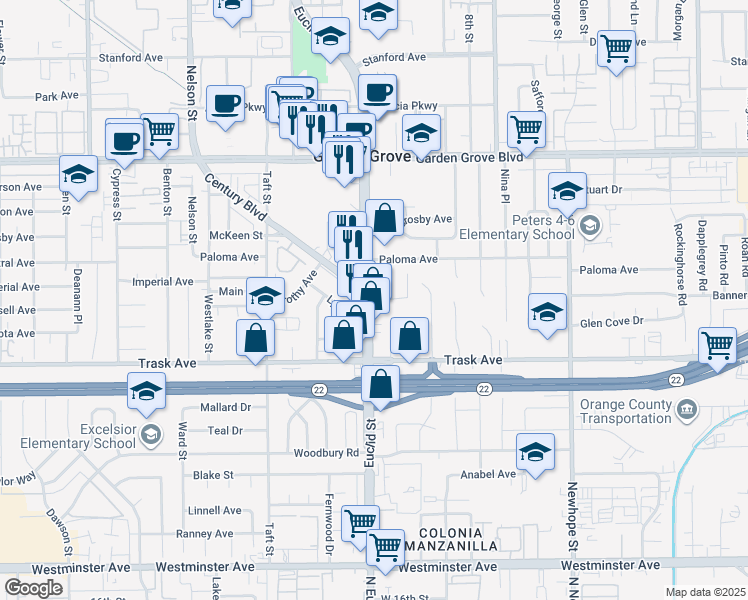 map of restaurants, bars, coffee shops, grocery stores, and more near 13302 South Euclid Street in Garden Grove