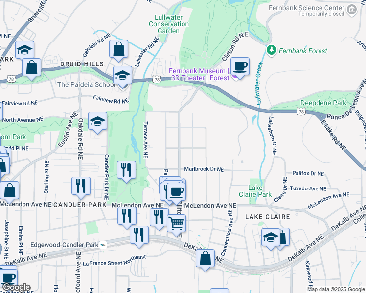 map of restaurants, bars, coffee shops, grocery stores, and more near 561 Clifton Road in Atlanta