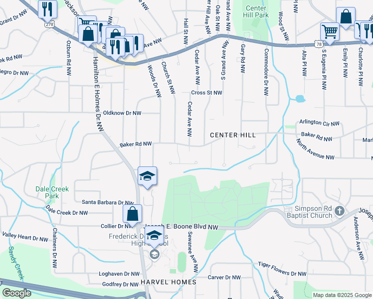 map of restaurants, bars, coffee shops, grocery stores, and more near 2410 Baker Road Northwest in Atlanta