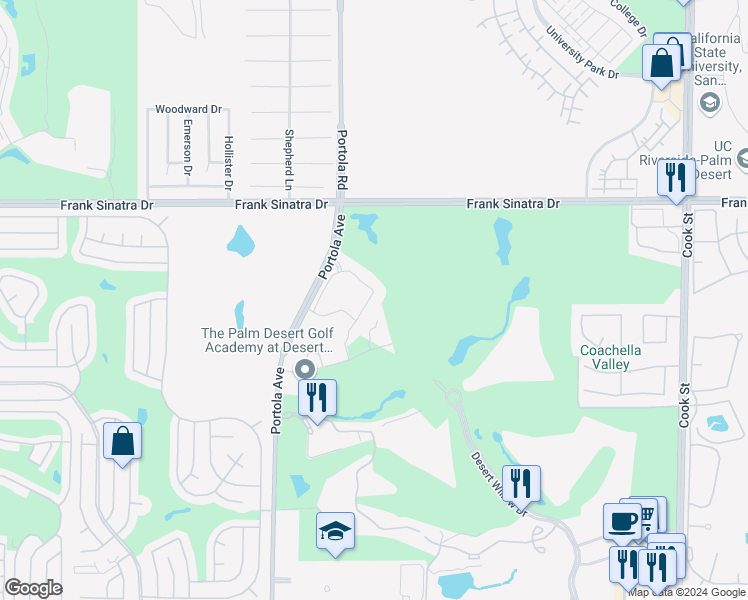 map of restaurants, bars, coffee shops, grocery stores, and more near 703 Retreat Circle in Palm Desert