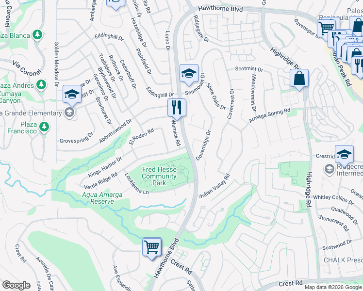 map of restaurants, bars, coffee shops, grocery stores, and more near 6509 Verde Ridge Road in Rancho Palos Verdes