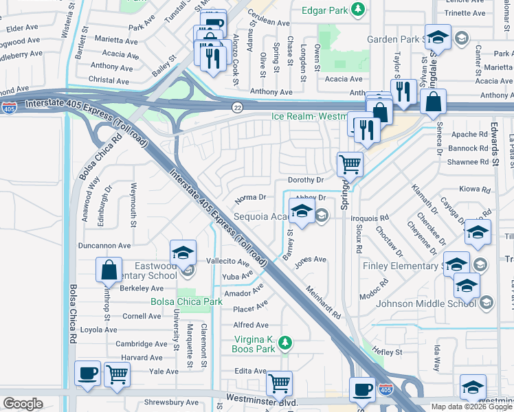map of restaurants, bars, coffee shops, grocery stores, and more near 5621 Marilyn Circle in Westminster