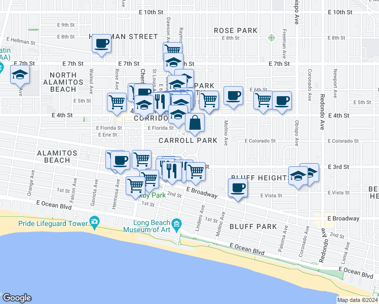 map of restaurants, bars, coffee shops, grocery stores, and more near 2321 Carroll Park South in Long Beach
