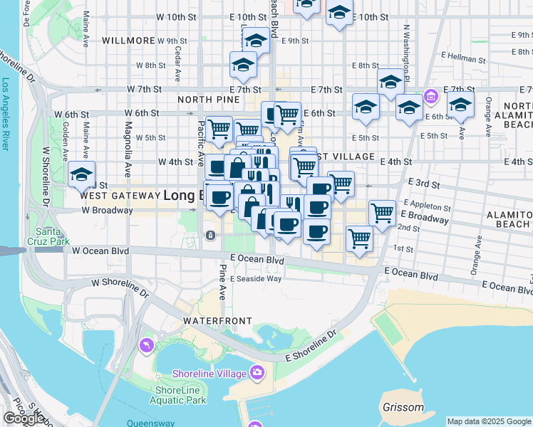 map of restaurants, bars, coffee shops, grocery stores, and more near 150 Long Beach Boulevard in Long Beach