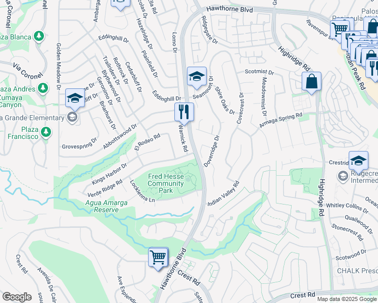 map of restaurants, bars, coffee shops, grocery stores, and more near 6509 Verde Ridge Road in Rancho Palos Verdes