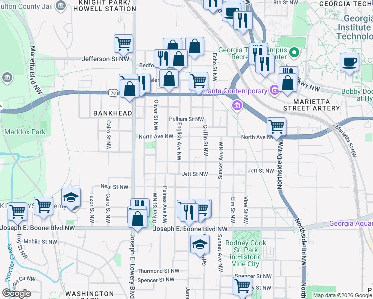 map of restaurants, bars, coffee shops, grocery stores, and more near 543 Chestnut Street Northwest in Atlanta