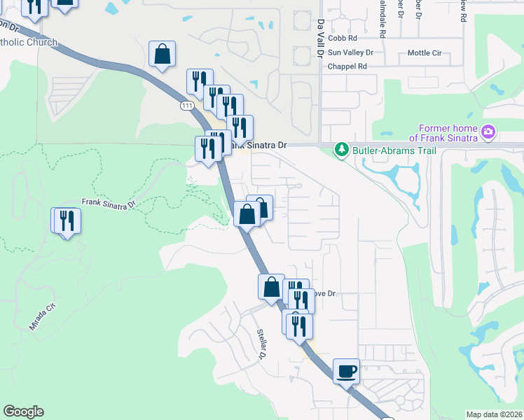 map of restaurants, bars, coffee shops, grocery stores, and more near 69850 California 111 in Rancho Mirage