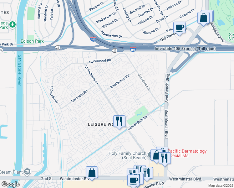 map of restaurants, bars, coffee shops, grocery stores, and more near 1660 Glenview Road in Seal Beach