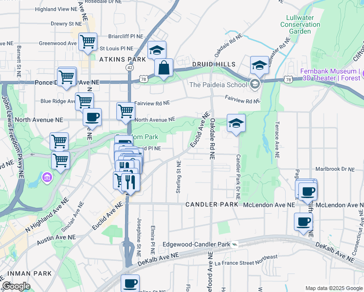 map of restaurants, bars, coffee shops, grocery stores, and more near 559 Candler Street Northeast in Atlanta