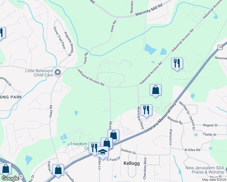 map of restaurants, bars, coffee shops, grocery stores, and more near 1346 McIntosh Road in Douglasville