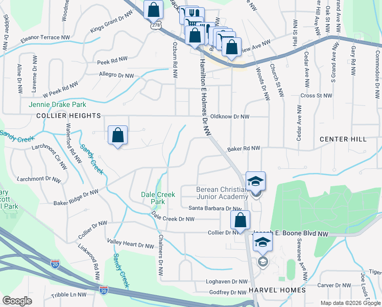 map of restaurants, bars, coffee shops, grocery stores, and more near 2646 Baker Ridge Drive Northwest in Atlanta