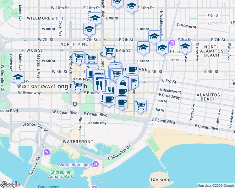 map of restaurants, bars, coffee shops, grocery stores, and more near 154 Elm Avenue in Long Beach