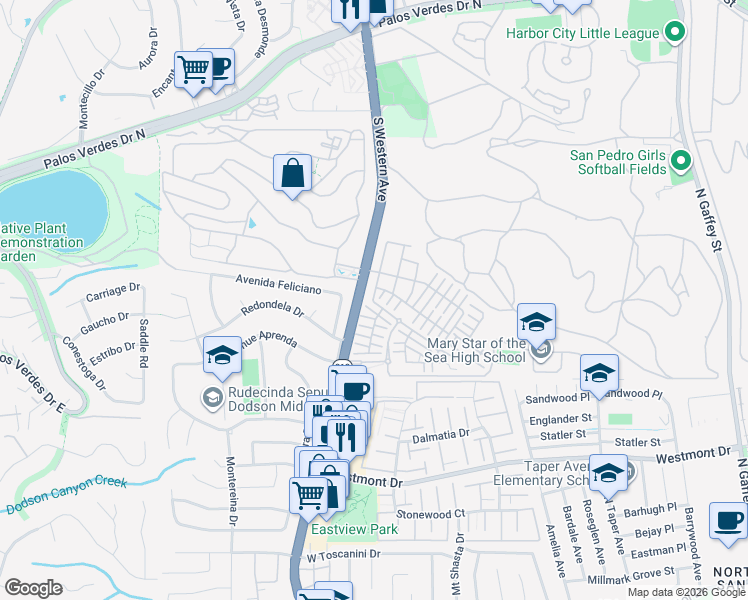 map of restaurants, bars, coffee shops, grocery stores, and more near 27616 Suncrest Road in Los Angeles