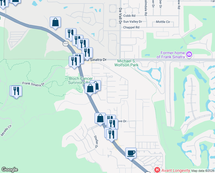 map of restaurants, bars, coffee shops, grocery stores, and more near 69850 California 111 in Rancho Mirage
