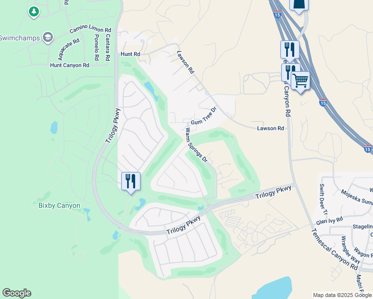 map of restaurants, bars, coffee shops, grocery stores, and more near 24116 Whitetail Drive in Corona