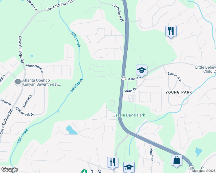 map of restaurants, bars, coffee shops, grocery stores, and more near 7755 Dallas Highway in Douglasville