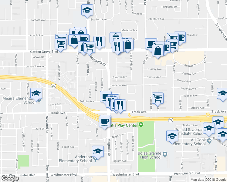 map of restaurants, bars, coffee shops, grocery stores, and more near 9031 Bestel Avenue in Garden Grove