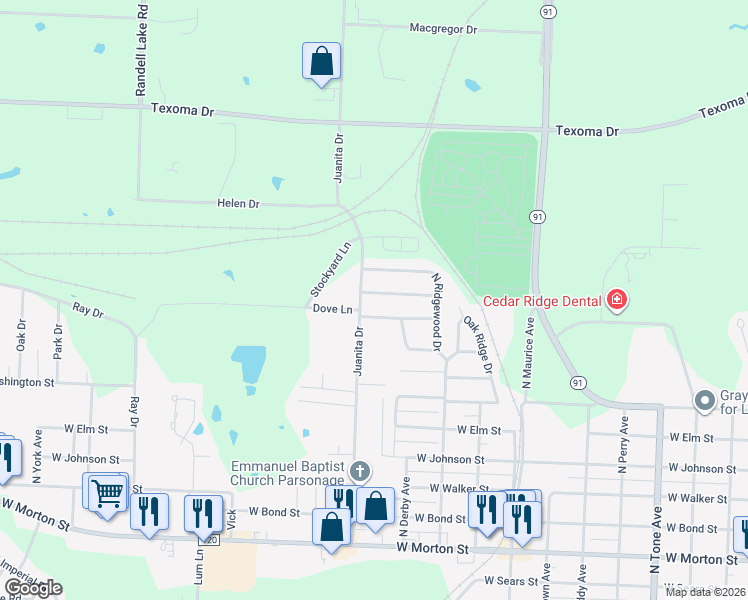 map of restaurants, bars, coffee shops, grocery stores, and more near 1817 Meadowlark Lane in Denison