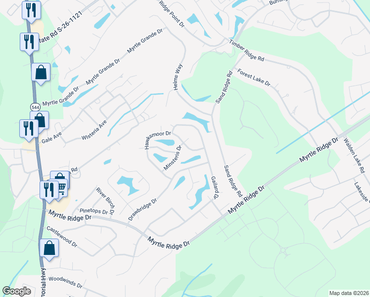 map of restaurants, bars, coffee shops, grocery stores, and more near 2110 Hawksmoor Drive in Conway