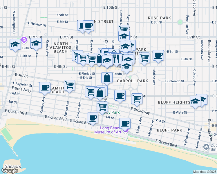 map of restaurants, bars, coffee shops, grocery stores, and more near 2015 East 3rd Street in Long Beach