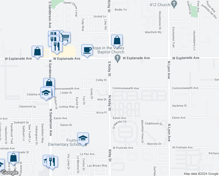 map of restaurants, bars, coffee shops, grocery stores, and more near Commonwealth Avenue in Hemet