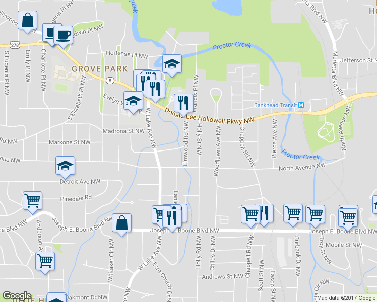 map of restaurants, bars, coffee shops, grocery stores, and more near 511 Elmwood Road Northwest in Atlanta