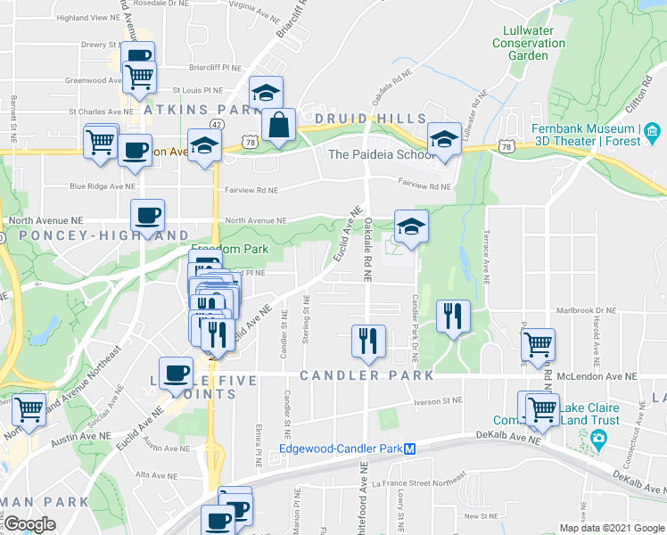 map of restaurants, bars, coffee shops, grocery stores, and more near 1343 Euclid Avenue Northeast in Atlanta