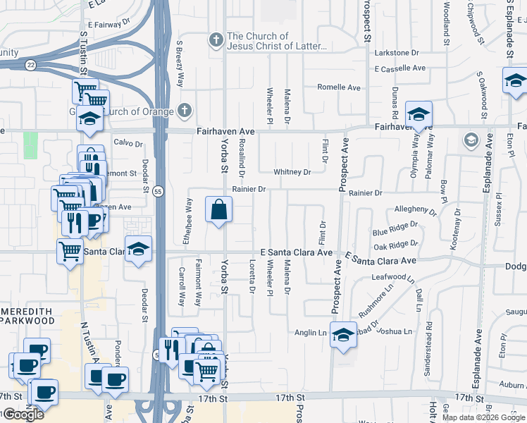 map of restaurants, bars, coffee shops, grocery stores, and more near 13252 Loretta Drive in Santa Ana