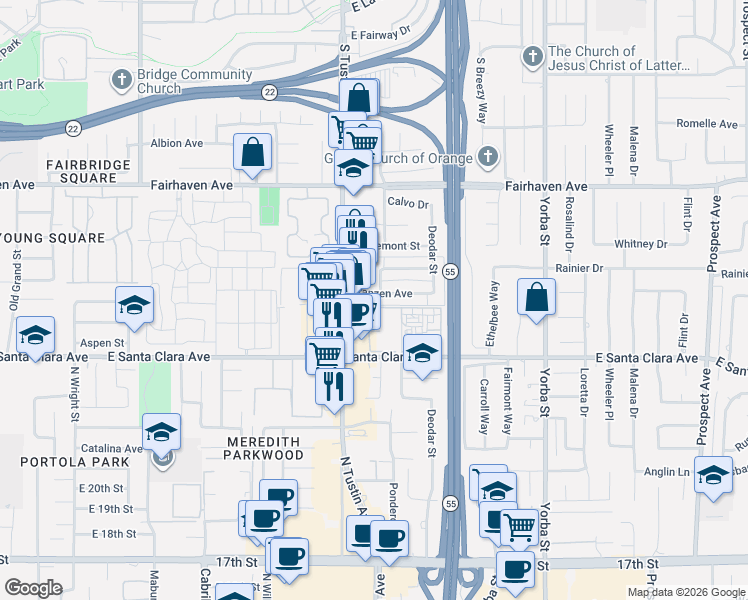 map of restaurants, bars, coffee shops, grocery stores, and more near 2229 Franzen Avenue in Santa Ana