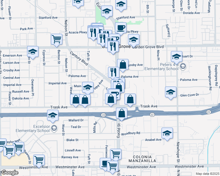 map of restaurants, bars, coffee shops, grocery stores, and more near 13325 Heritage Way in Garden Grove