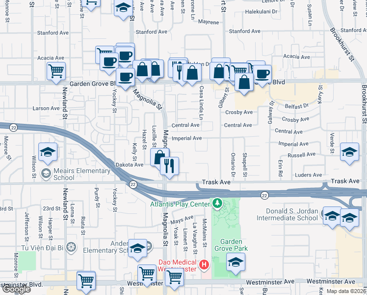 map of restaurants, bars, coffee shops, grocery stores, and more near 9102 Imperial Avenue in Garden Grove