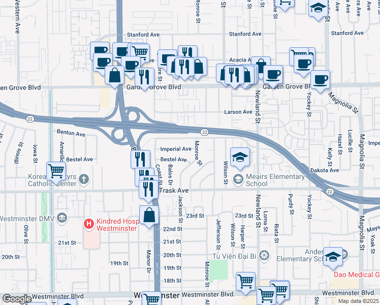 map of restaurants, bars, coffee shops, grocery stores, and more near 8151 Imperial Avenue in Garden Grove