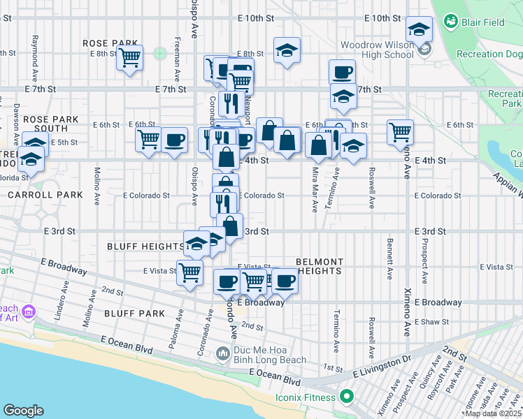 map of restaurants, bars, coffee shops, grocery stores, and more near 331 Loma Avenue in Long Beach