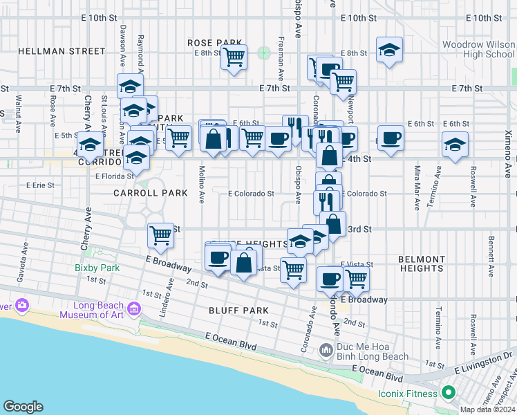 map of restaurants, bars, coffee shops, grocery stores, and more near 338 Orizaba Avenue in Long Beach