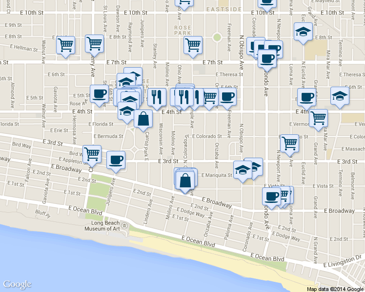 map of restaurants, bars, coffee shops, grocery stores, and more near in Long Beach