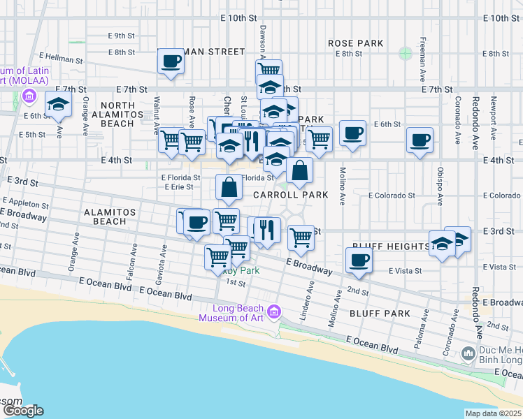 map of restaurants, bars, coffee shops, grocery stores, and more near 333 Junipero Avenue in Long Beach