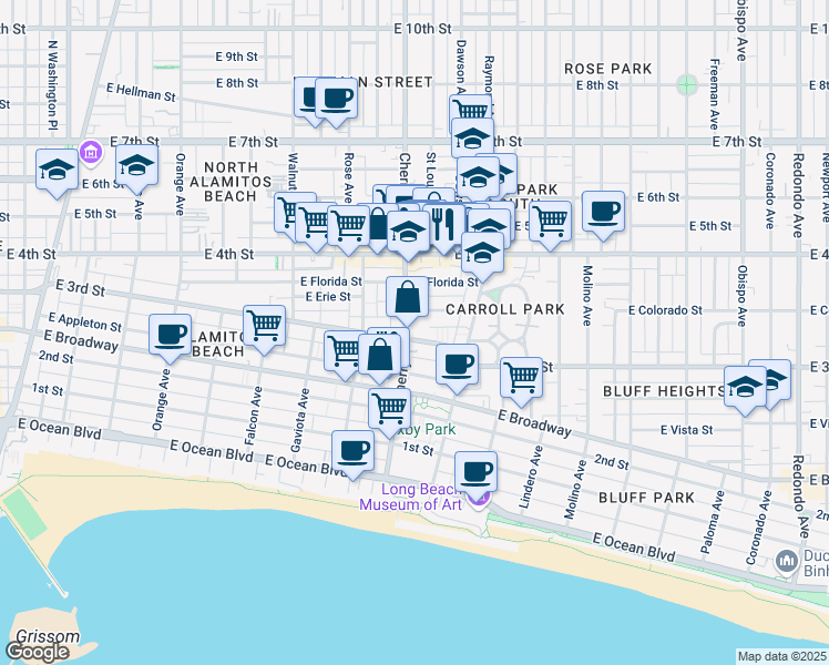 map of restaurants, bars, coffee shops, grocery stores, and more near 2032 East Bermuda Street in Long Beach
