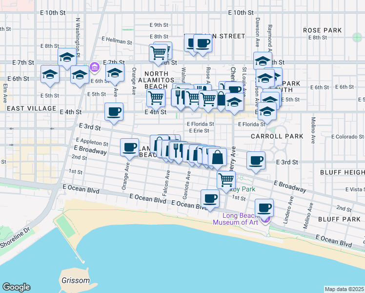 map of restaurants, bars, coffee shops, grocery stores, and more near 1617 East 3rd Street in Long Beach
