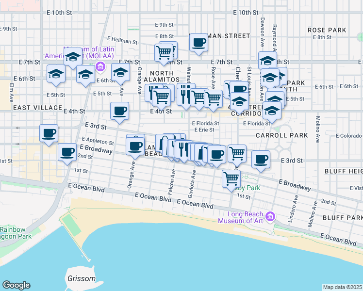 map of restaurants, bars, coffee shops, grocery stores, and more near 1500 East 3rd Street in Long Beach