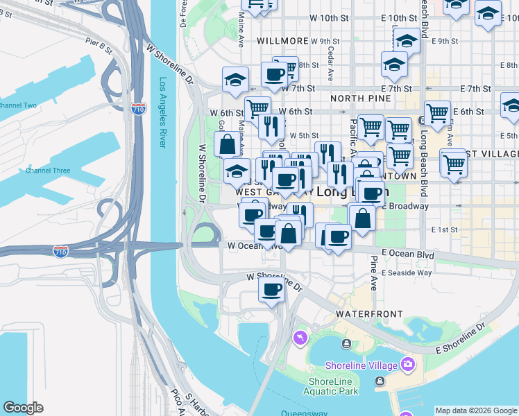 map of restaurants, bars, coffee shops, grocery stores, and more near in Long Beach